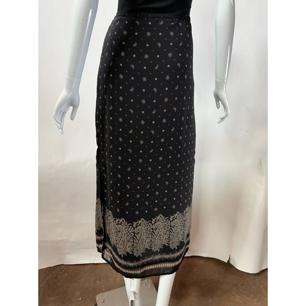 Vintage Black Midi Skirt sz 10  With Paisley & Floral Print Side Slit Button Clo - Picture 13 of 15
